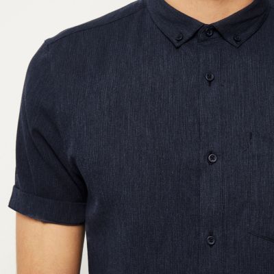 Navy waffle texture short sleeve shirt